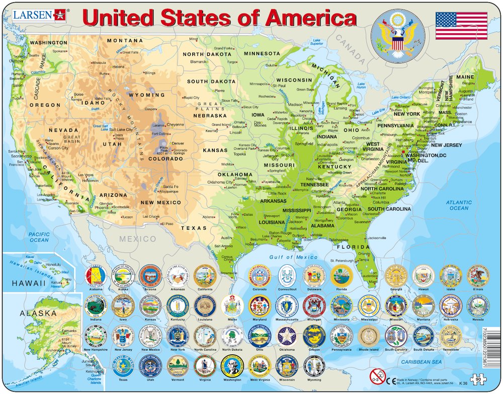 MDF - Carte Géographique des États-Unis 91 x 61cm 1art1 Cartes Poster et Cadre en Anglais